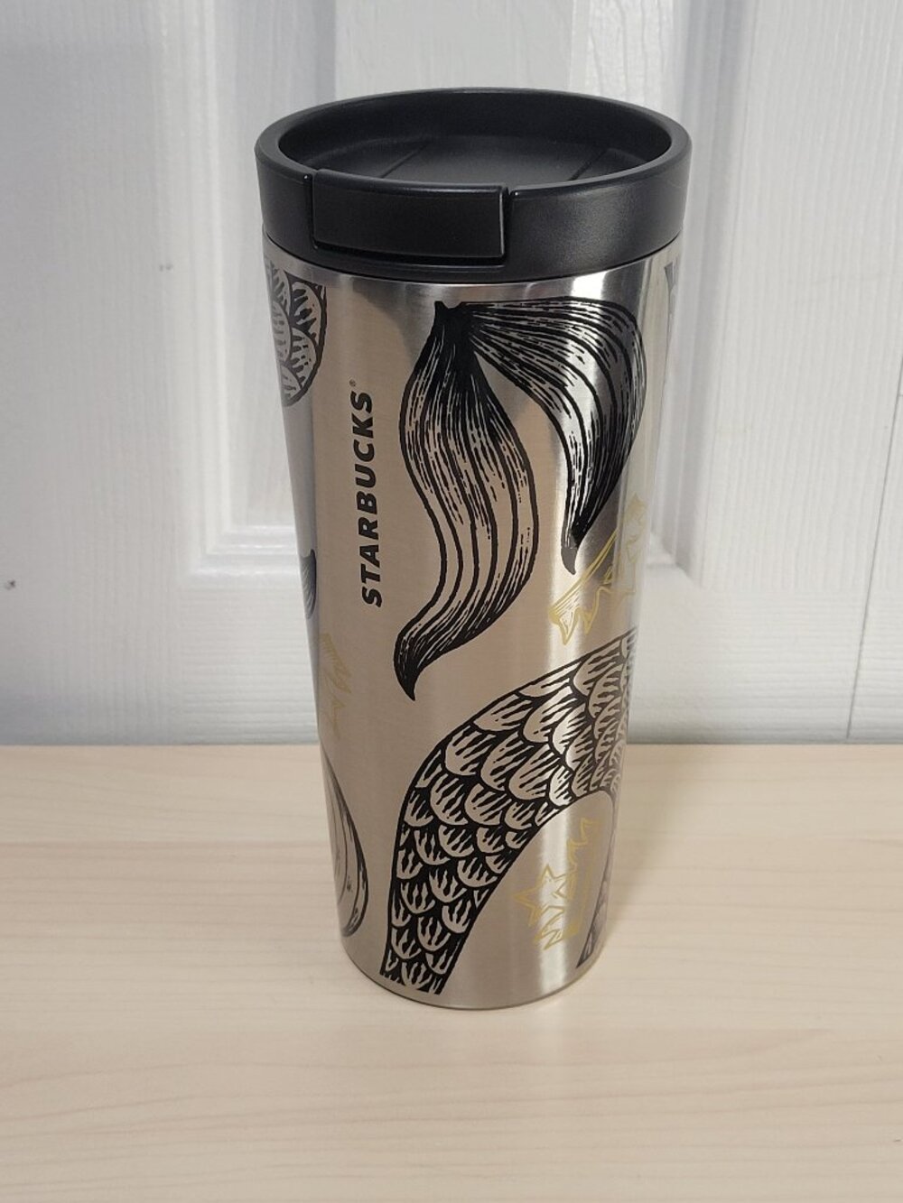 STARBUCKS Siren Tail & Crown Stainless Steel Silver & Black 16 oz Tumbler w/ Lid